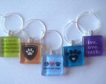 Dog Lover Glass Tile Wine Charms Set of 5