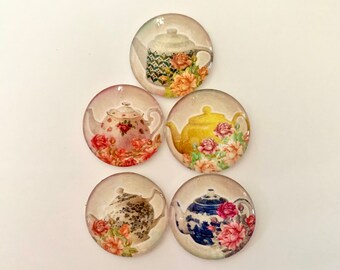 Pretty Teapots Round Glass Tile Magnets Set of 5