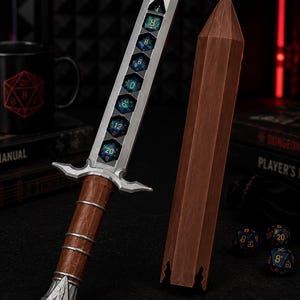 Fantasy Sword Dice Holder, Full 7-Piece Dice Set Display, Tabletop RPG Organizer, 3D Printed Gamer Gift