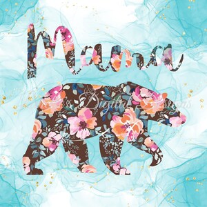 Mama Bear, Blue Background, Flowers in Bear, 20oz Skinny Tumbler Decal, Instant Download, PNG