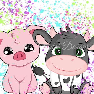 Lindo bebé cerdito y vaca, fondo con pintura salpicada, descarga instantánea, archivo digital, PNG