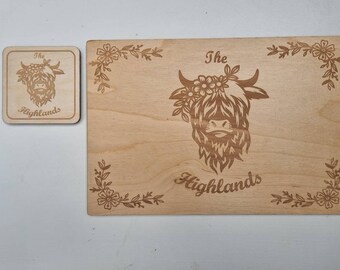 Beautiful matching Highland Cattle placemat and coaster set