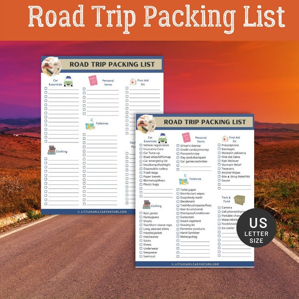 Road Trip Packing Lists | Editable Family Vacation Checklist | Travel Checklist PDF | US Letter Digital Download