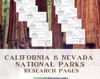 California and Nevada National Park Research Pages for Kids | Nature Study Notebook Pages | California State History Coloring Sheets