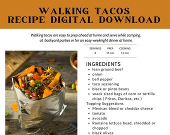 Walking Tacos Recipe Digital Download | Camping Recipe | Backyard Party Food for a Crowd | Group Campout Printable | Scouting Meal Idea