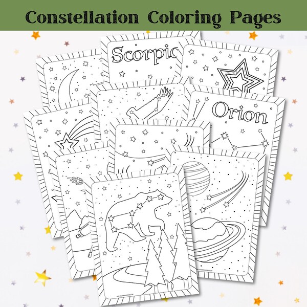 Constellation & Star Coloring Pages Bundle, Set of 10 | Star Color Sheets | Digital Download Printable