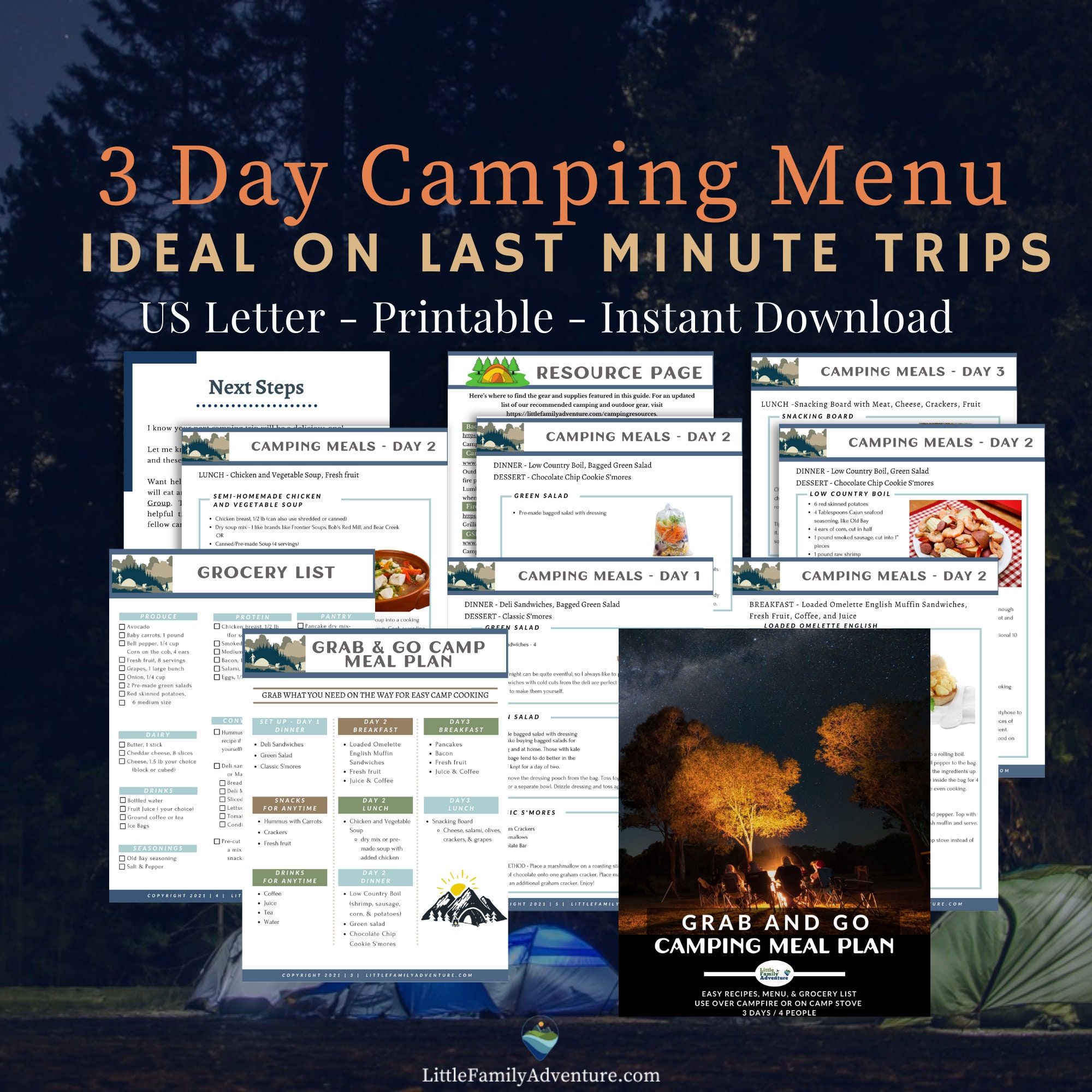 Grab & Go 3 Day Digital Camp Menu | Printable Camping Recipes + Grocery List | Great for Last Minute Trips
