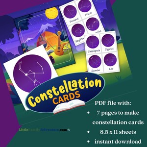 May include: A printable PDF file with 7 pages to make constellation cards. The cards feature illustrations of constellations like Perseus, Pisces, Sagitta, Cassiopeia, Cygnus, Gemini, and Leo. The PDF file is 8.5 x 11 inches and is an instant download.