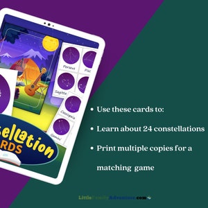 May include: A set of 24 constellation cards featuring illustrations of constellations against a dark blue night sky. The cards are designed for learning about constellations and can be used for a matching game. The text on the cards includes the names of the constellations: Perseus, Pisces, Sagitta, Cassiopeia, and Gemini.