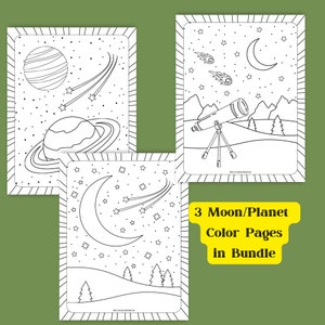 Może przedstawiać: Trzy czarno-białe strony do kolorowania przedstawiające księżyc, gwiazdy, planety i teleskop. Tekst "3 Moon/Planet Color Pages in Bundle" znajduje się na dole obrazu.