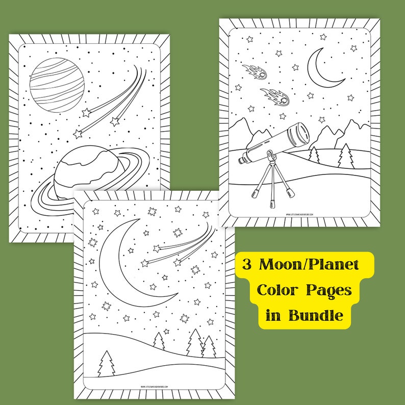 Może przedstawiać: Trzy czarno-białe strony do kolorowania przedstawiające księżyc, gwiazdy, planety i teleskop. Tekst "3 Moon/Planet Color Pages in Bundle" znajduje się na dole obrazu.