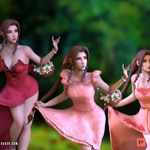 Può includere: Tre figurine stampate in 3D di una donna con abiti di diversi colori. La donna indossa un vestito rosso, un vestito rosa e un vestito pesca. Ogni figurina tiene un cestino di fiori.