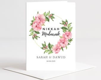 高級花柄パーソナライズ、ニッカ ムバラク、グリーティング カード、シャディ カード、イスラムの結婚式、イスラム教徒の結婚式、イスラム カード、ニッカ ギフト。