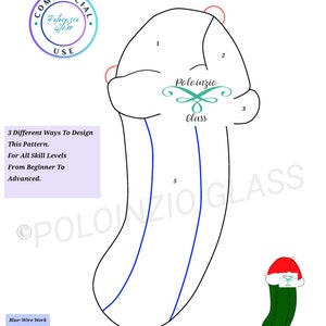 Puede incluir: Un dibujo en blanco y negro de un adorno de pepinillo de Navidad con cinco piezas numeradas. El dibujo incluye el texto "Christmas Pickle" y "Poloinzio Glass".