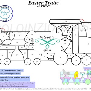 Pode incluir: Padrão de desenho linear para um comboio da Páscoa com vagões de coelhos e pintos. O design é rotulado como "Easter Train" e "72 Pieces". Inclui texto: "Will Recieve PDF File Free Of Logo Over Pattern" e "Red=Recommended Jump Ring Placement."