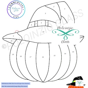 May include: A black and white line art pattern of a pumpkin with a witch's hat. The pattern is numbered 1 through 20. The title "Pumpkin With Witch's Hat" is at the top of the image. The text "Poloinzio Glass" is in the center of the image. The text "Will Receive PDF File Free Of Logo Over Pattern" is at the bottom of the image. The text "Red-Recommended Jump Ring Placement" is below the first text. The text "It is always recommended to put a tail on jump rings and run down solder line." is below the second text. The text "We do ask any product produced from this pattern please give credit to pattern designer Poloinzio Glass and tag @poloinzioglass if posting on social media." is below the third text. The text "We would love to see your beautiful pieces of art created from our patterns!" is below the fourth text. The text "Original Design, Copyright Belongs To Poloinzio Glass 2004. Pattern May Not Be Sold, Copied, Or Shared, Product Produced From Pattern Is Licensed Commercial Hobby'se poloinzioglass.square.site SPV10000184" is at the bottom of the image.