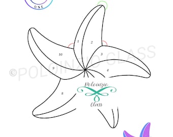 Puede incluir: Un dibujo en blanco y negro de una estrella de mar con 10 piezas numeradas. La imagen incluye el texto "Starfish 1/2 10 Pieces" y "Poloinzio Glass".