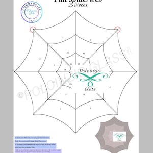 May include: A black and white diagram of a spiderweb with 25 numbered sections. The diagram is labeled "Full Spiderweb" and "25 Pieces". The text "Poloinzio Glass" is written in a decorative font at the center of the diagram.