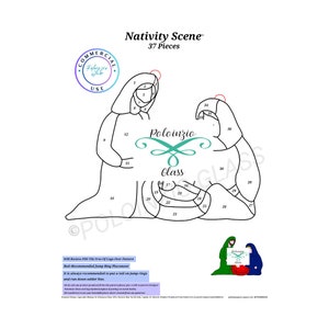 Puede incluir: Un patrón de arte de línea en blanco y negro de una escena de la natividad con 37 piezas numeradas. El patrón incluye a María, José y el niño Jesús. El patrón se titula "Escena de la Natividad" e incluye el logotipo "Poloinzio Glass".