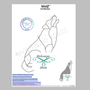 May include: A white paper with a black line drawing of a howling wolf, labeled "Wolf" with "13 Pieces." The image includes the text "POLOINZIO GLASS" and a smaller wolf illustration. A circular logo reads "COMMERCIAL USE."