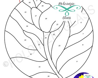 May include: A black and white line drawing of a flower design, labelled "Flower v2" with 25 pieces. The design includes a circular outline with numbered sections, and the text "Poloizio Glass". A small image of a yellow flower is in the lower right corner.