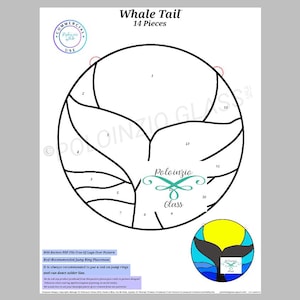 May include: A black and white line drawing of a whale tail design, labeled "Whale Tail 14 Pieces." Includes a small color illustration of a whale tail and text: "Poloinzio Glass." Instructions are also included.