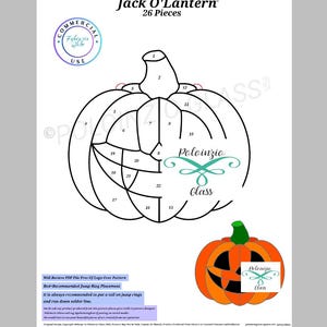 Pode incluir: Um desenho a preto e branco de uma abóbora de Halloween com 26 peças numeradas. A imagem inclui o texto "Jack O'Lantern" e "26 Pieces". Uma imagem menor de uma abóbora de Halloween colorida está no canto inferior direito.