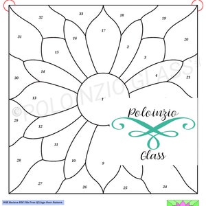May include: A black and white line drawing of a wildflower panel stained glass pattern with 33 pieces. The pattern is labeled with numbers 1 through 33. The text "Wildflower Panel" and "33 Pieces" is at the top of the image. The text "Poloinzio Glass" is at the bottom of the image.