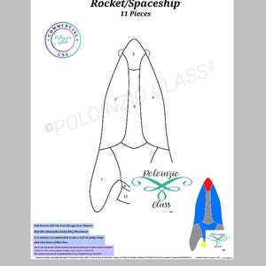 May include: A black and white line drawing of a rocket or spaceship with the text "Rocket/Spaceship" and "11 Pieces" above it. The drawing is divided into 11 numbered sections. The drawing is accompanied by a color-coded diagram of the rocket with the text "Poloinzio Class" below it.