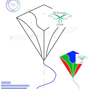 May include: A black and white line drawing of a kite with five pieces. The kite is labeled with numbers 1 through 5. The drawing is accompanied by a color illustration of a kite with red, green, and blue panels. The text "Kite™ Plant Stake OR Suncatcher Pattern 5 Pieces" is at the top of the image.