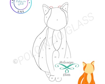 Może przedstawiać: Czarno-biały wzór liniowy kota z 18 ponumerowanymi elementami. Wzór jest oznaczony jako "Cat v1" i "18 Pieces". Obraz zawiera również kolorowy przykład gotowego kota, który jest pomarańczowy i biały. Obraz zawiera tekst "Poloinzio Glass" i "Will Receive PDF File Free Of Logo Over Pattern".