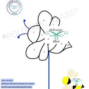Könnte beinhalten: Ein Schwarz-Weiß-Linienkunst-Muster einer Biene mit nummerierten Abschnitten für ein Bleiglasprojekt. Die Biene ist mit "Bee" und "Plant Stake OR Suncatcher Pattern 10 Pieces" beschriftet. Das Muster ist mit "Poloinzio Glass" beschriftet.