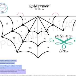 Może przedstawiać: Czarno-biały wzór pajęczyny z 18 elementami, idealny do projektów witraży. Projekt zawiera ponumerowane sekcje oraz tekst "Spiderweb" i "Poloinzio Glass".