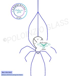 May include: A blue wire work spider design with the text "Spider v1 4 Pieces". The design includes a logo and instructions for jump ring placement. The design is for commercial use.