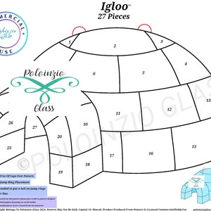 Może przedstawiać: Czarno-biały rysunek igloo z 27 ponumerowanymi elementami. Rysunek jest oznaczony jako "Igloo™ 27 Pieces". Rysunek jest otoczony białym tłem. Rysunek jest przeznaczony do projektu witrażu.