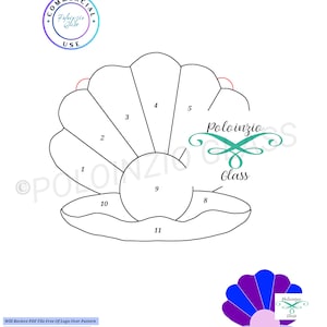 Könnte beinhalten: Eine Schwarzweiß-Zeichnung einer Muschelschale mit einer Perle im Inneren. Die Muschelschale ist in 11 Abschnitte unterteilt, die von 1 bis 11 nummeriert sind. Der Text "Clam With Pearl™" und "11 Pieces" befindet sich oben im Bild. Der Text "Poloinzlo Glass" befindet sich unten im Bild.