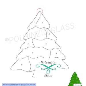 May include: A black and white diagram of an evergreen Christmas tree, labeled "Evergreen/Christmas Tree" with "11 Pieces". The diagram includes numbered sections and text: "Will Recieve PDF File Free Of Logo Over Pattern".
