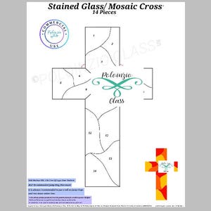 Op de afbeelding: Een zwart-witte lijntekening van een glas-in-lood mozaïekkruis met 14 genummerde stukken. De afbeelding bevat de tekst "Stained Glass/Mosaic Cross" en "14 Pieces". Er is een klein beeld van een glas-in-lood kruis in de rechterbenedenhoek.