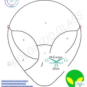 Può includere: Un modello alieno in bianco e nero per l'arte del vetro, etichettato "Alien 6 Pieces". Il design include sezioni numerate e il testo "Poloinzio Glass". Un'immagine della testa di un alieno verde si trova nell'angolo in basso a destra. Il modello è concesso in licenza per uso hobbistico commerciale.