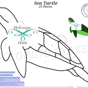 Könnte beinhalten: Eine Strichzeichnung einer Meeresschildkröte mit 21 nummerierten Teilen, beschriftet mit "Sea Turtle" und "21 Pieces". Das Bild enthält den Text "Poloizio Glass" und eine kleine grüne Meeresschildkröten-Illustration. Das Design ist für den kommerziellen Gebrauch.