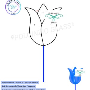 Op de afbeelding: Een digitaal patroon voor een tulpenzonenvanger of plantensteker. Het patroon is in zwart-wit en toont de verschillende glasstukken die nodig zijn om de tulp te maken. Het patroon bevat de tekst "Poloinzio Glass" en "Tulip".