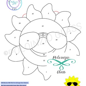 May include: Line art pattern of a sun wearing sunglasses, labelled "Sun With Sunglasses" and "20 Pieces." Includes the text "Commercial Use" and the Poloinzio Glass logo. Instructions for jump ring placement are also included.