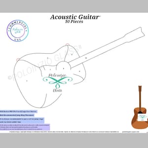 May include: A black and white line drawing of an acoustic guitar with the text "Acoustic Guitar" and "10 Pieces" above it. The drawing is divided into 10 numbered sections. The text "Pololuzio Glass" is in a decorative font in the centre of the guitar body.