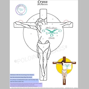 Puede incluir: Dibujo lineal en blanco y negro de una cruz con una figura, etiquetado como "Cross 38 Pieces". El diseño incluye el texto "Poloizio Glass" y un logotipo circular de "Uso comercial". Una versión más pequeña de la cruz está en la esquina inferior derecha.