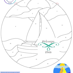 May include: Sailboat stained glass pattern with 30 pieces, featuring a sailboat on the water with a sun and clouds. Includes the text "Sailboat" and "30 Pieces". The design is circular and includes the "Poloinzio Glass" logo.