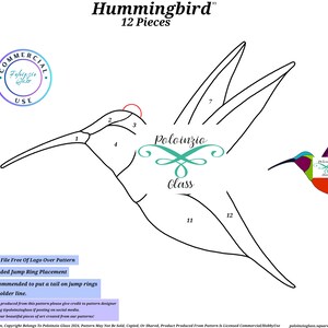 Op de afbeelding: Een wit diagram van een kolibrie, getiteld "Hummingbird" en "12 Pieces". Het diagram bevat genummerde secties en de tekst "Poloinzio Glass". Extra tekst bevat instructies voor het plaatsen van springringen en commercieel gebruik.