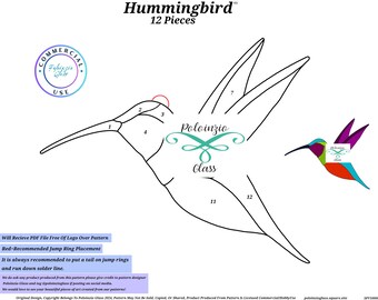 May include: A white diagram of a hummingbird, labelled "Hummingbird" and "12 Pieces." The diagram includes numbered sections and the text "Poloinzio Glass." Additional text includes instructions for jump ring placement and commercial use.