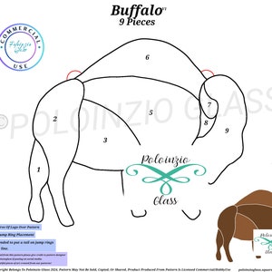May include: A black and white line art pattern of a buffalo with nine numbered sections. The pattern is labeled "Buffalo™ 9 Pieces". The image also includes a color example of the finished product, a brown buffalo with the same numbered sections.