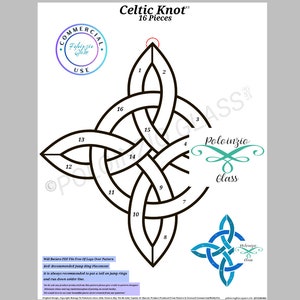 May include: A black and white Celtic knot design with 16 numbered pieces. The design is labelled "Celtic Knot" and "16 Pieces". The image also includes the text "Poloinzio Glass" and "Will Receive PDF File Free of Logo Over Pattern".