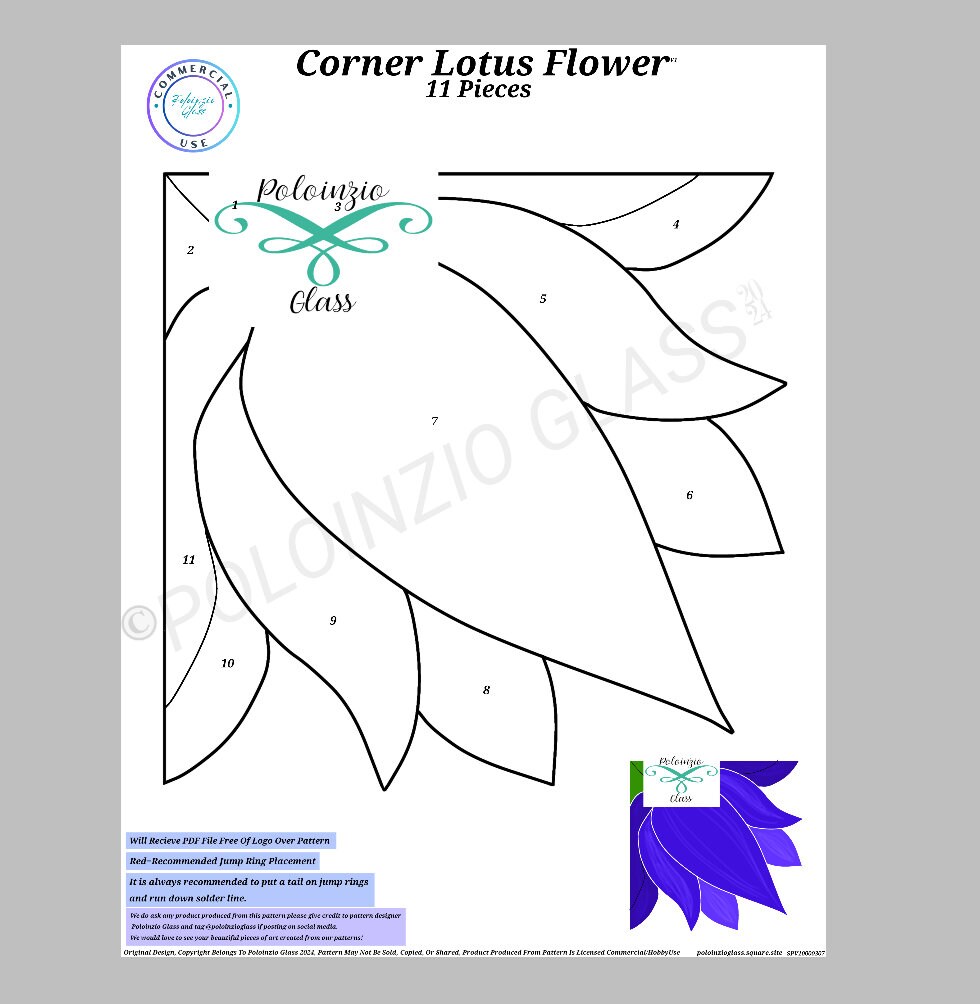 Corner Lotus Stained Glass Pattern Commercial or Hobby Use Digital PDF ...